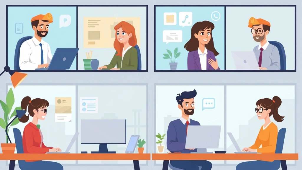 Diverse contractors collaborating through video call screens showing different professions - writer, designer, developer, consultant, cartoon style, modern workspace aesthetic