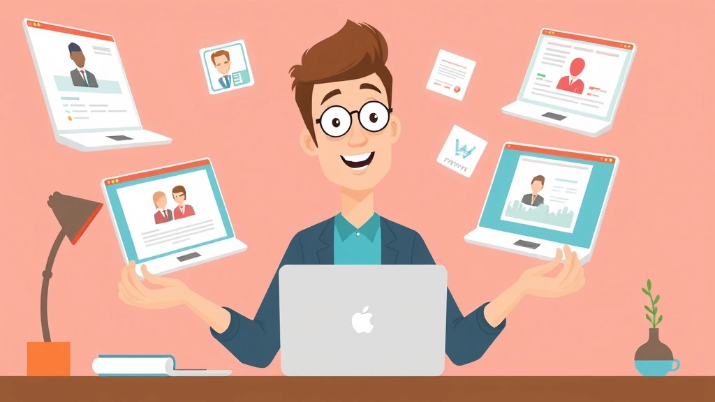 Animated freelancer juggling multiple laptop screens and project files, representing diverse 1099 clients and contract work simultaneously