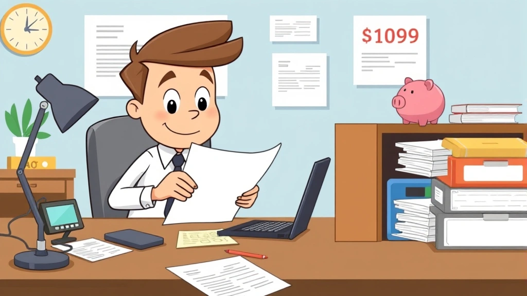 Cartoon character reviewing financial documents and tax forms at desk with calculator, piggy bank, and organized filing system, representing 1099 financial planning
