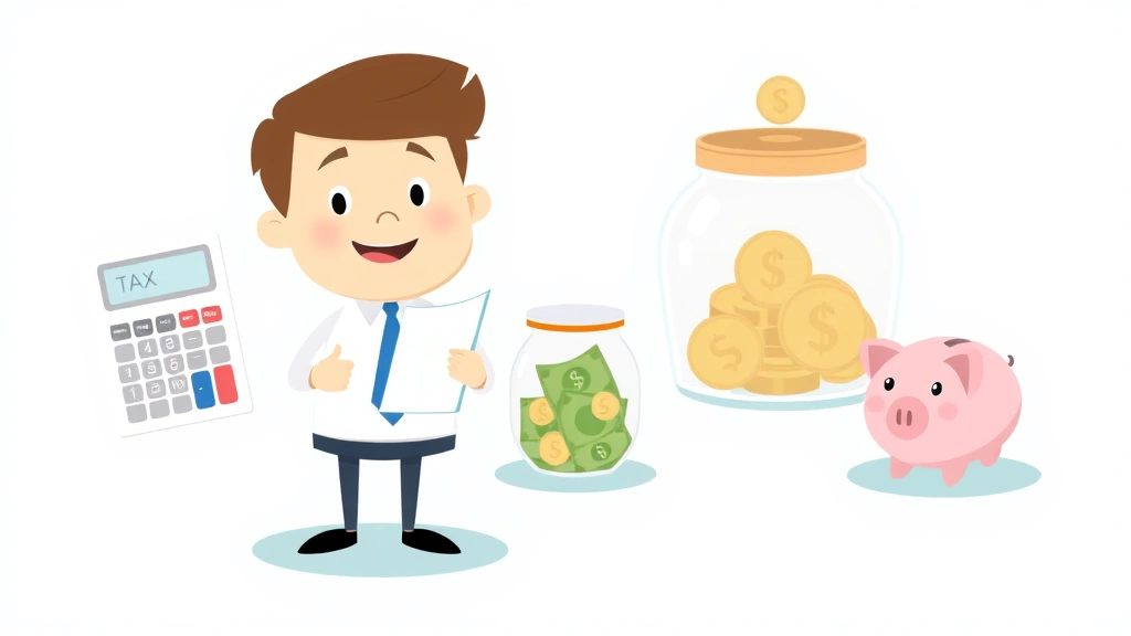 Cartoon graphic showing money management concept with calculator, tax documents, savings jar, and piggy bank, cheerful accountant character, soft colors, friendly style