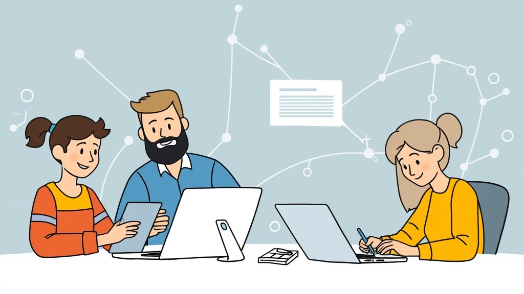 Cartoon diverse group of contractors working remotely on different devices - one on video call, one coding, one writing, one designing - all connected by network lines symbolizing collaboration