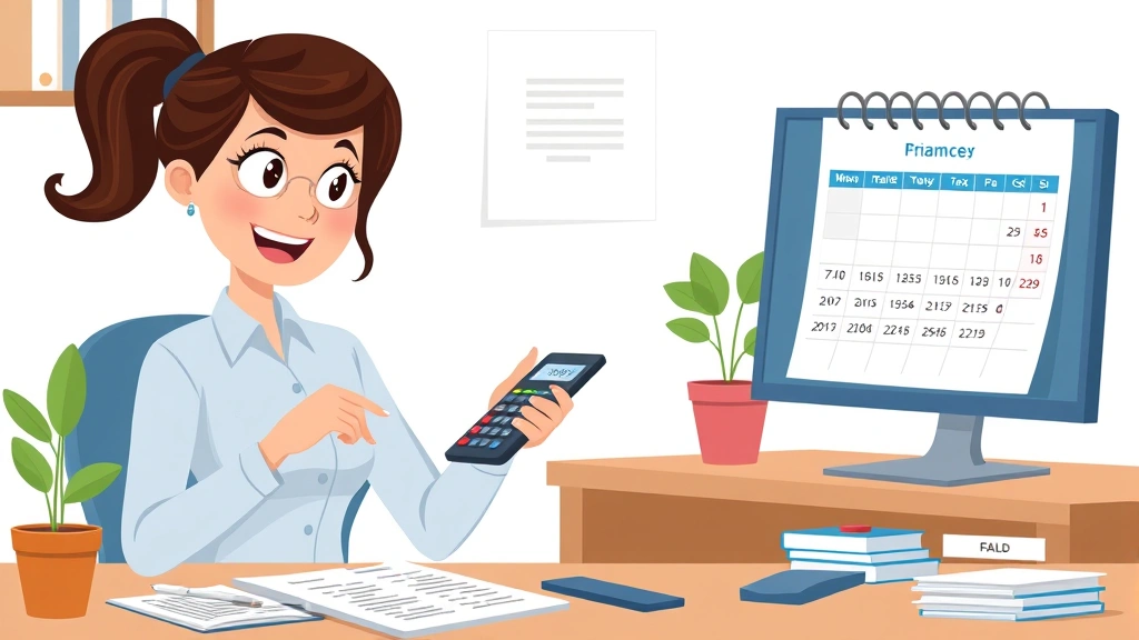 Cartoon professional woman organizing finances with calculator, tax documents, and calendar showing quarterly payments, organized desk with plant and computer