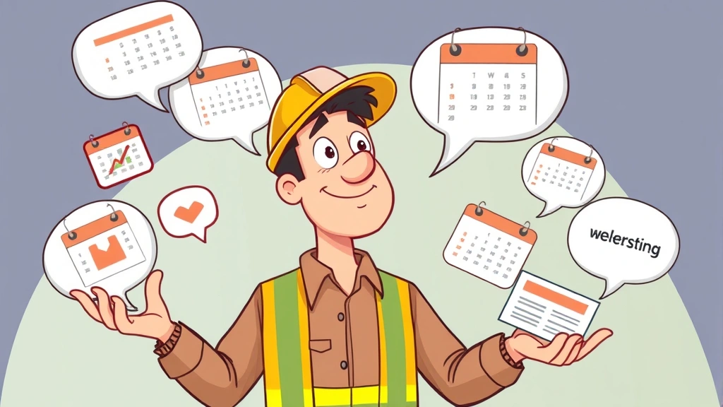 Cartoon contractor juggling multiple project deliverables, calendar dates, and client communication bubbles floating around, focused expression, colorful background