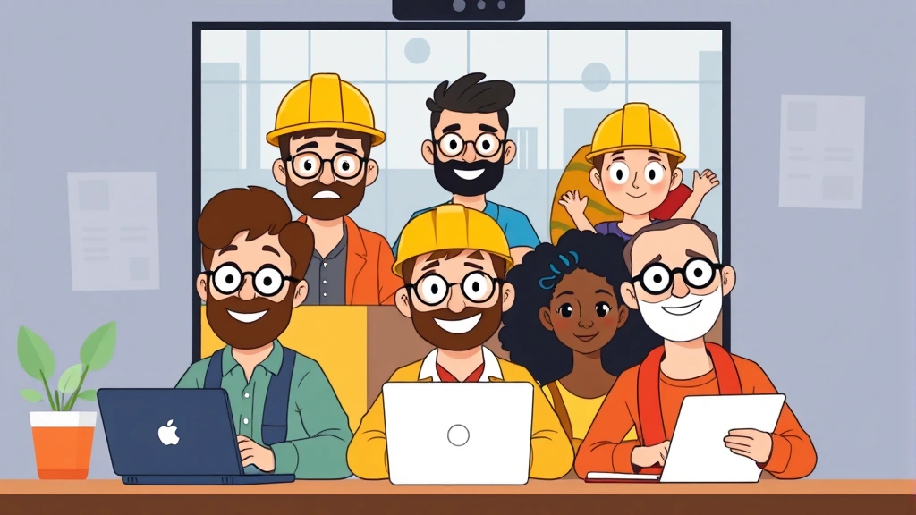 Diverse group of cartoon contractors collaborating remotely on video call, each showing different professions like coding, design, writing with happy expressions