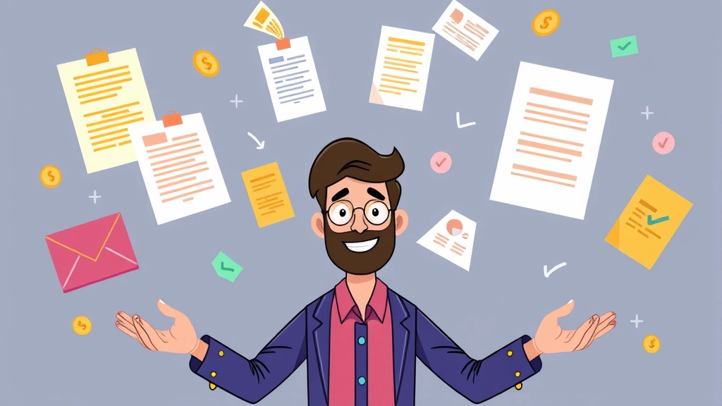 Cartoon graphic showing a contractor juggling multiple client projects with colorful floating documents and checkmarks, depicting diverse income streams and project management