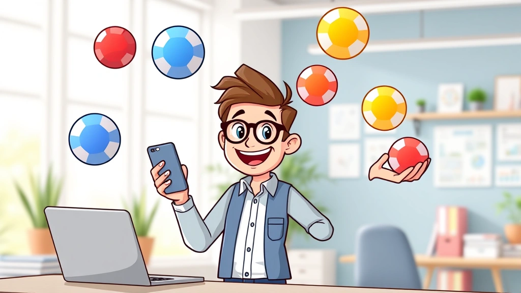 Cartoon character juggling multiple client projects represented by colorful balls, holding laptop and phone, smiling confidently in bright workspace