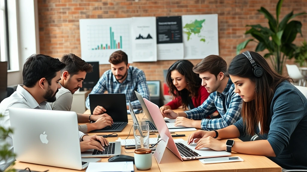 Diverse group of independent contractors working on various projects: developer coding, designer creating graphics, writer typing, all looking focused and productive