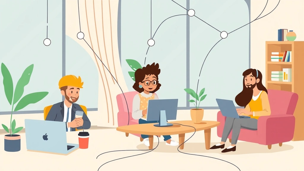 Cartoon diverse contractors working remotely from different locations—coffee shop, home office, co-working space—connected by digital network lines, representing flexibility and freedom