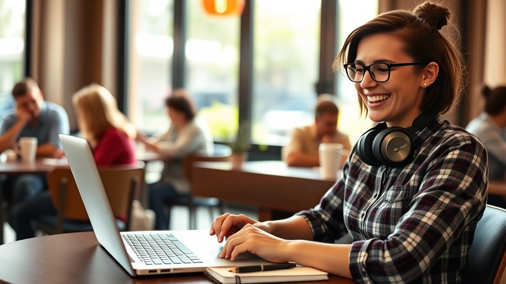 Cheerful freelancer working from coffee shop with laptop, headphones around neck, notebook and coffee cup, sunny window in background, diverse people working nearby