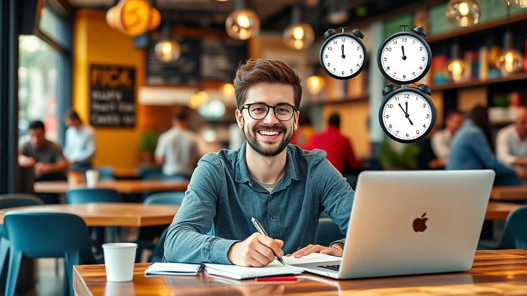 Happy freelancer working from coffee shop with notebook and laptop, calendar and clock symbols floating nearby showing time management, diverse busy background, vibrant colors, no letters