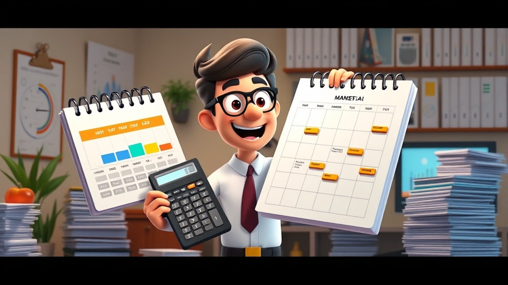 Animated character holding oversized calendar and calculator, managing project timeline and budget, stacks of invoices, organized workspace with digital charts