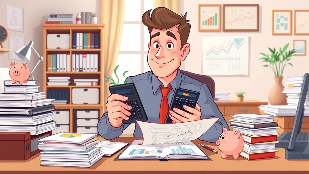 Cartoon male contractor reviewing financial charts and calculator on desk, stacks of organized documents, piggy bank, tax forms, professional home office with natural light