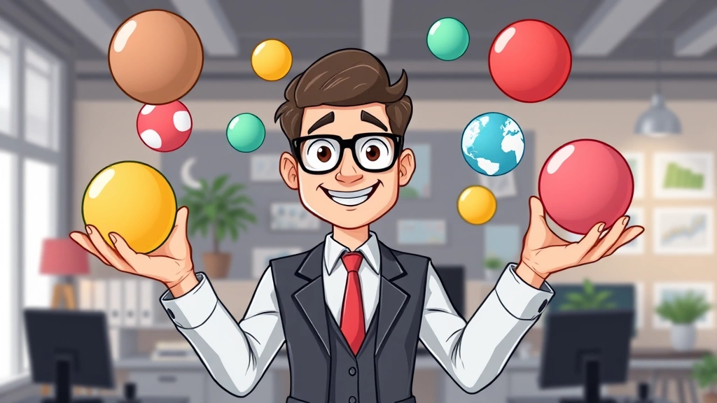 Cartoon professional juggling multiple colored balls representing different clients and projects, confident pose, office background with networking elements