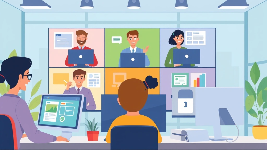 Cartoon diverse 1099 contractors collaborating virtually on video call, multiple computer screens showing different projects, colorful modern workspace backgrounds