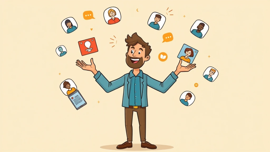 Cartoon freelancer juggling multiple project icons and client profiles floating around, representing diverse income streams and client management