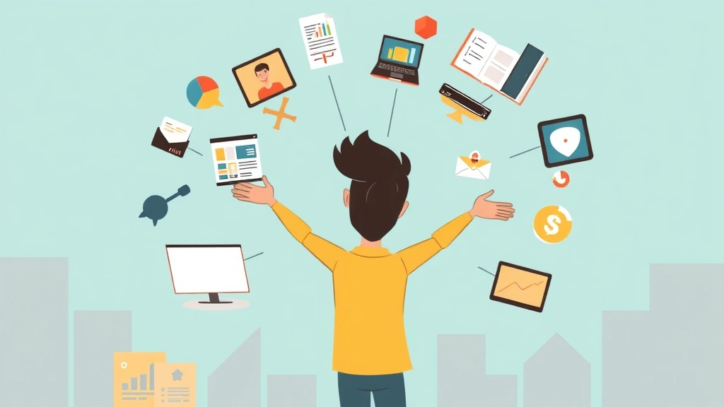 Cartoon-style infographic showing a person juggling multiple projects and clients simultaneously, symbolizing the diverse portfolio approach of successful 1099 contractors