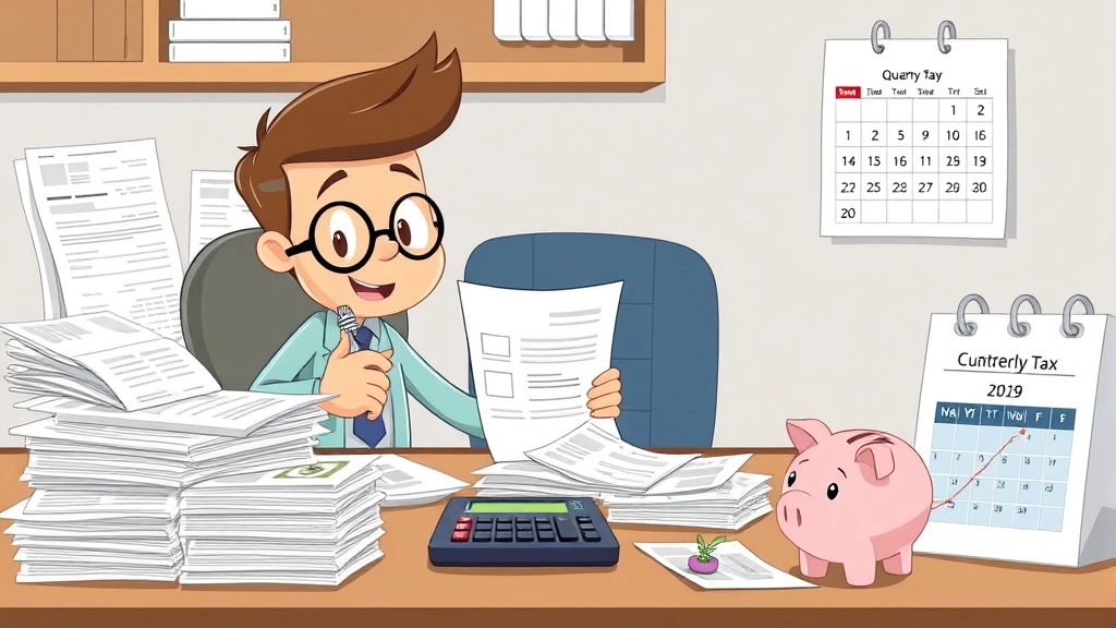 Cartoon character reviewing financial documents and calculator on desk, stacks of organized receipts and invoices, piggy bank with dollar sign, calendar showing quarterly tax dates, professional organized workspace