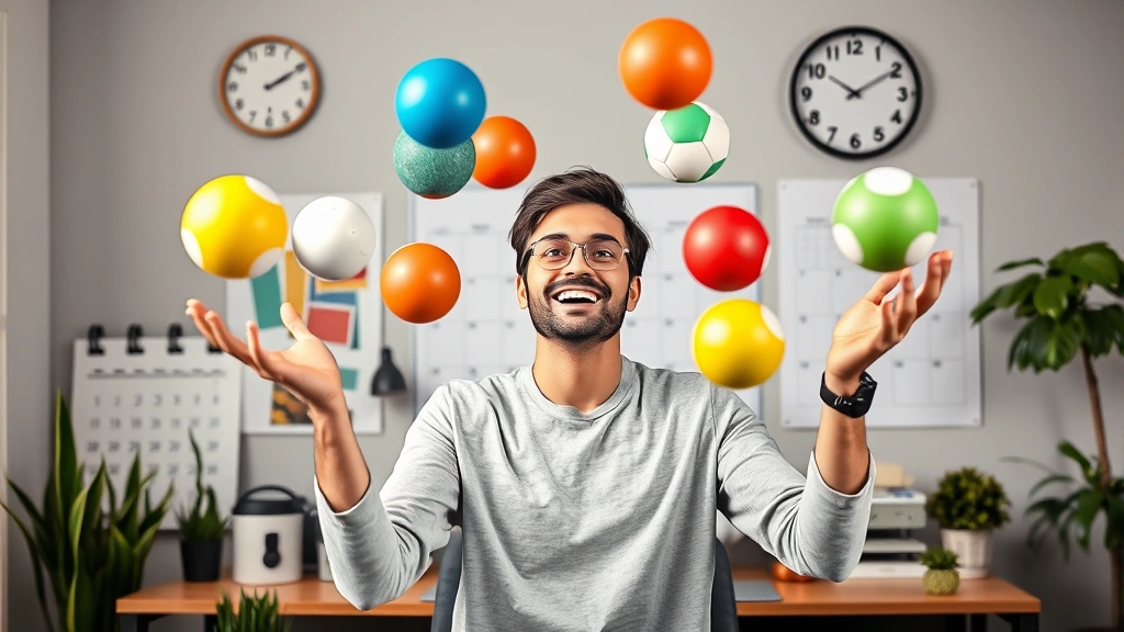 Cheerful freelancer juggling multiple projects represented as colorful balls, calendar and clock in background, home office setting with plants and cozy desk setup