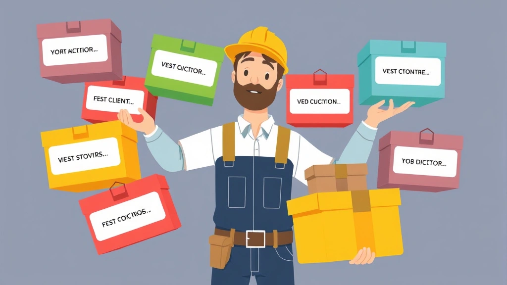 Illustrated contractor juggling multiple colorful project boxes labeled with different clients, showing work flexibility and diverse projects in modern style