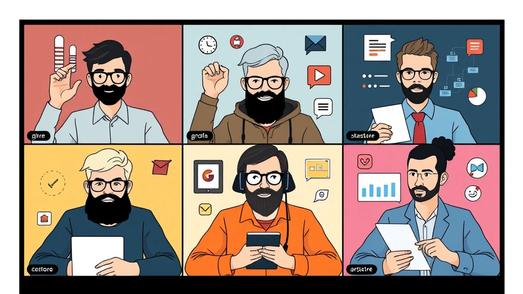 Diverse group of independent contractors collaborating remotely via video call, each shown with symbols of their specialty: developer with code, designer with graphics, consultant with charts