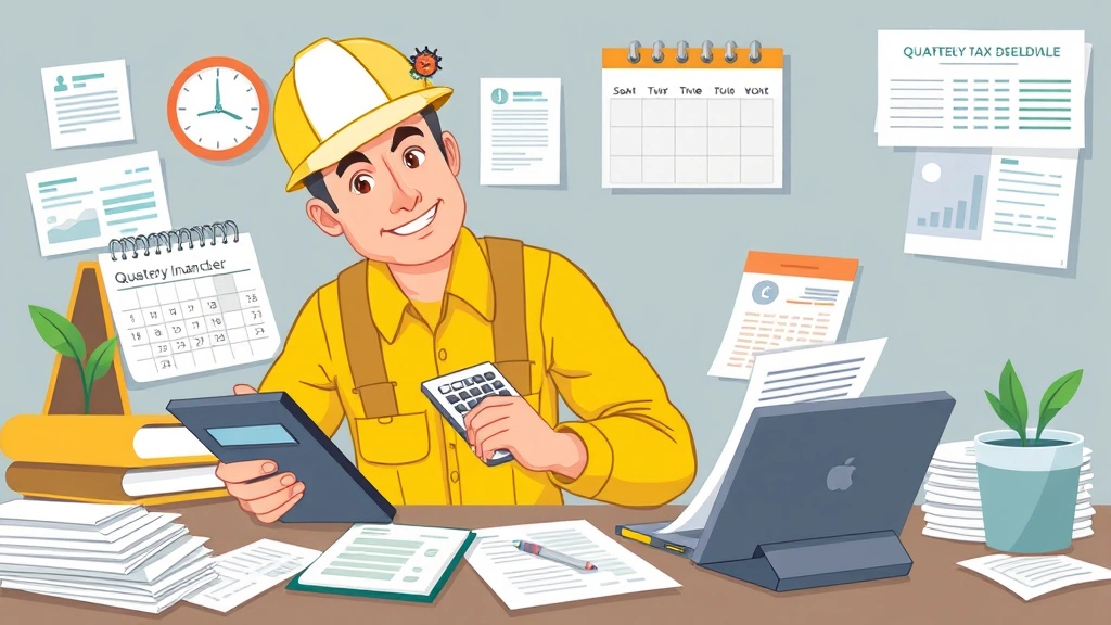 Contractor managing finances with calculator, spreadsheets, and calendar showing quarterly tax deadlines, organizing invoices and receipts, professional cartoon illustration