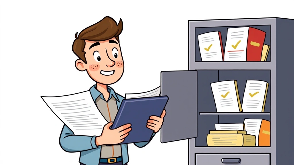 Cartoon freelancer reviewing contract documents and building portfolio, holding tablet showing portfolio pieces, filing cabinet with projects, satisfied expression with checkmarks