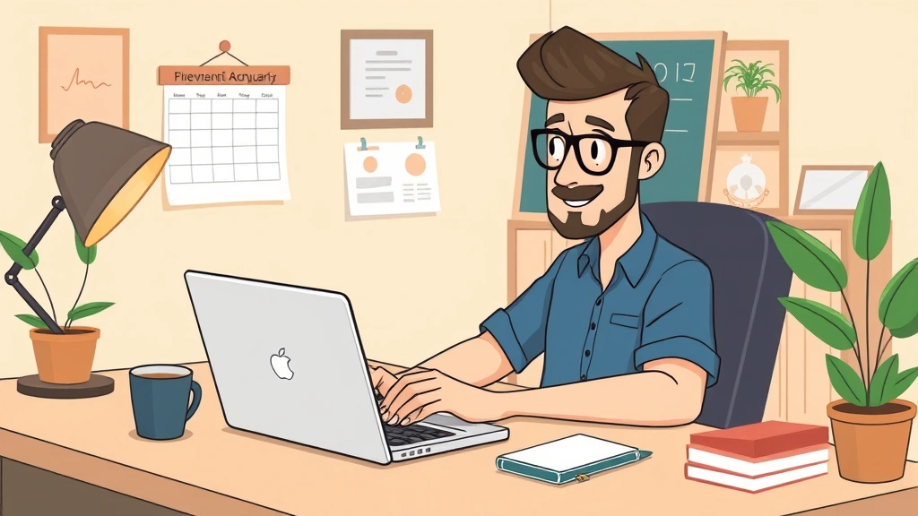 Cartoon independent contractor working on laptop from home office with coffee, plant, and calendar showing flexible schedule freedom