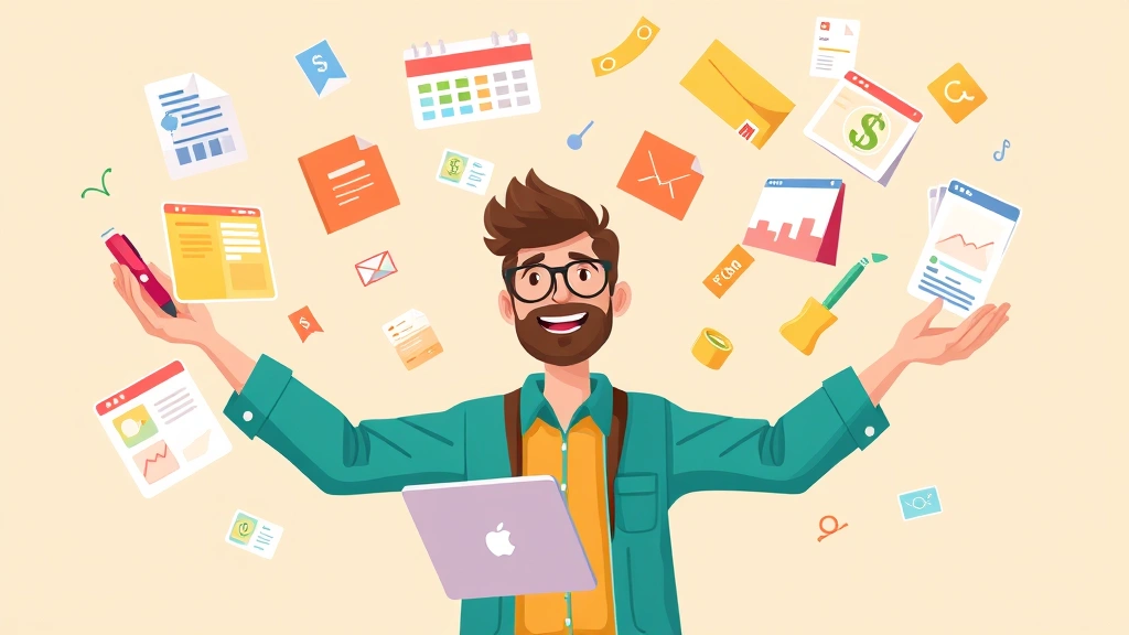 A freelancer or contractor juggling multiple client projects with colorful project files, calendar, and income streams floating around them, vibrant cartoon aesthetic