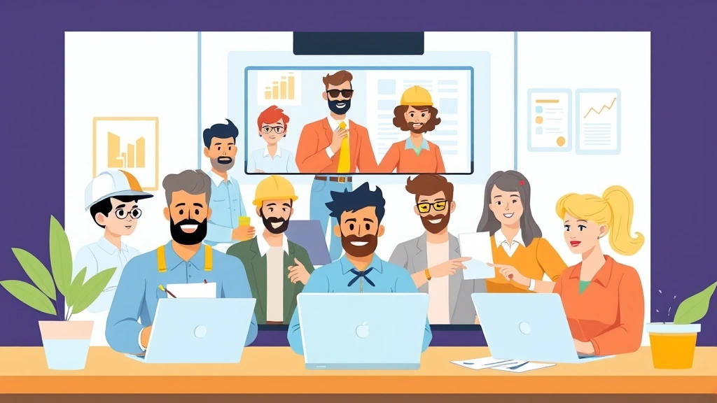 Diverse group of contractors collaborating online through video conference with laptops and documents, bright and energetic cartoon illustration