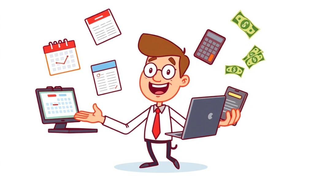 Cartoon character juggling multiple tasks: computer, calendar, calculator, and dollar bills, representing freelancer managing finances, clients, and scheduling