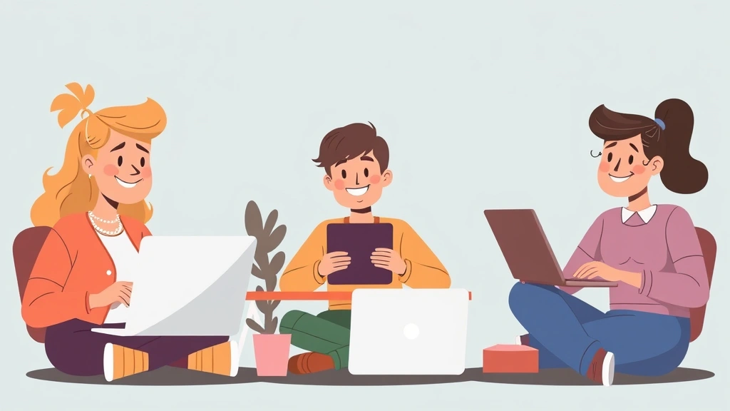 Diverse freelancer characters working on different projects, one on video call, one designing, one writing, showing flexibility and independence with happy expressions