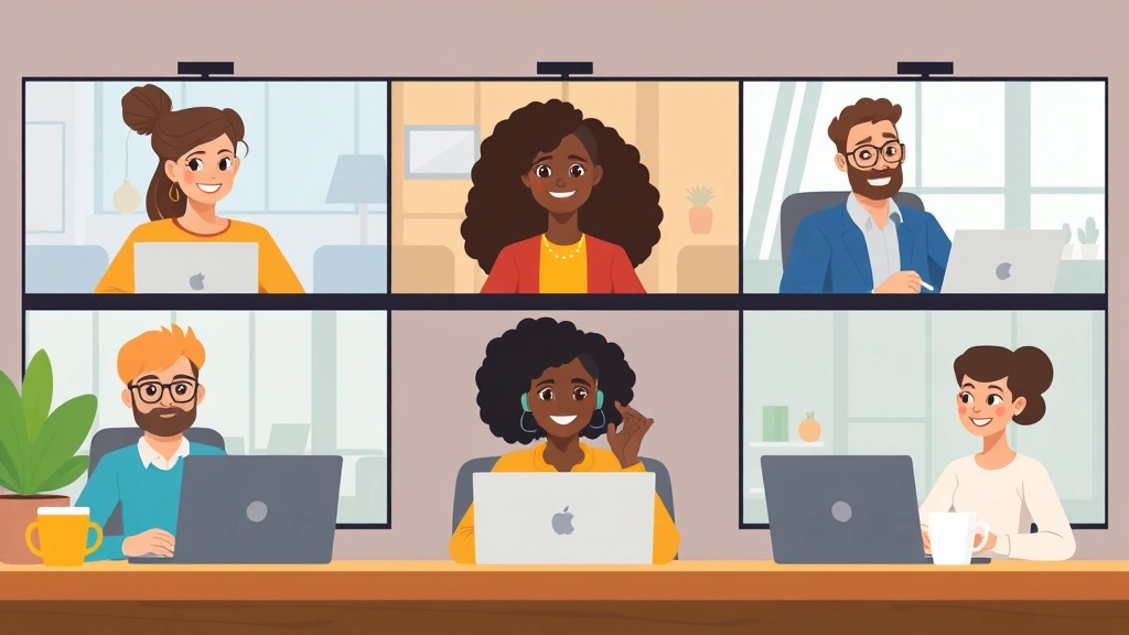 Animated diverse group of remote workers on video call screens, smiling and collaborating, laptops and coffee cups, professional yet relaxed home office environments