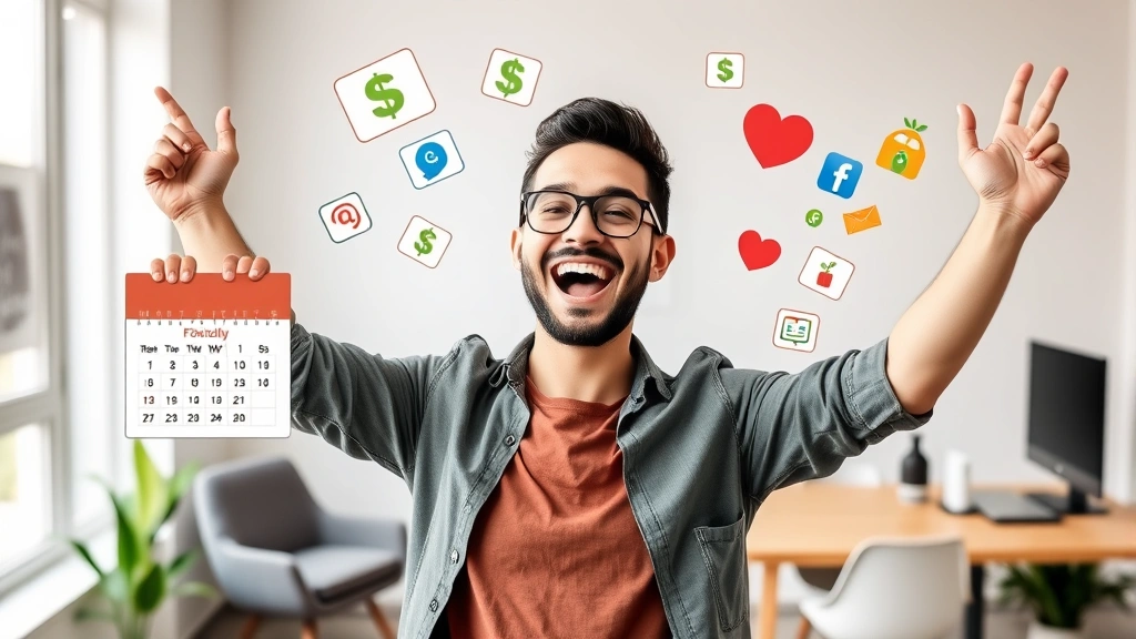 Cheerful freelancer celebrating with money symbols, calendar showing flexible schedule, diverse client logos floating around, home office with modern furniture and happy expression