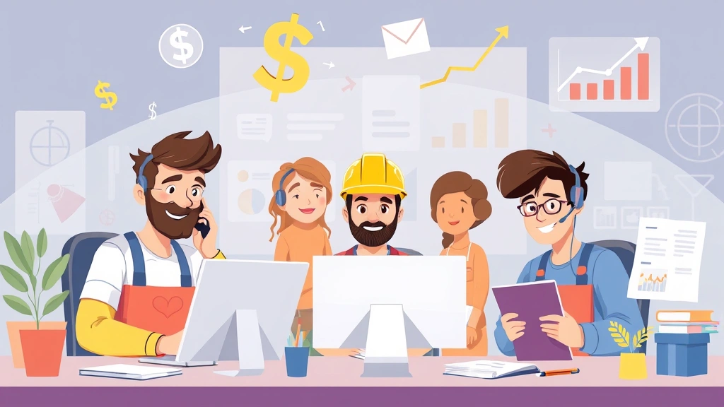 Cartoon diverse group of contractors working on different projects simultaneously, one on phone, one at computer, one with design tools, collaborative atmosphere with dollar signs and growth charts floating around