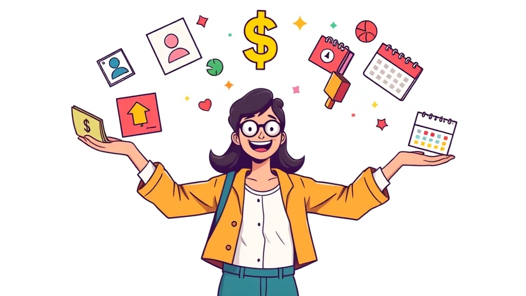 Cheerful freelancer character juggling multiple project icons, dollar signs, and calendar items, representing work-life balance and income diversification in colorful style