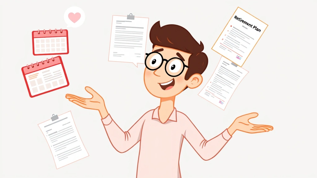 Cartoon freelancer juggling multiple tasks: calendar, invoice, health insurance form, retirement plan document, showing the complexity of contractor work