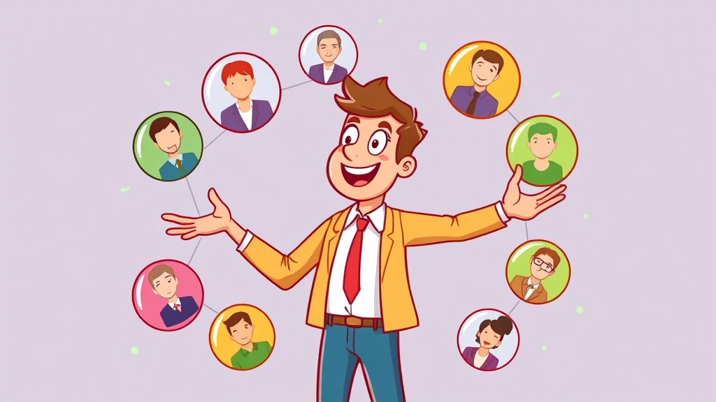 Cartoon independent contractor juggling multiple clients represented as colorful balls, showing diverse income streams and networking. Energetic and positive illustration style.
