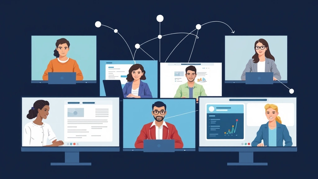 Diverse group of independent contractors collaborating virtually on projects, computer screens showing different work types, connected by digital lines representing remote teamwork