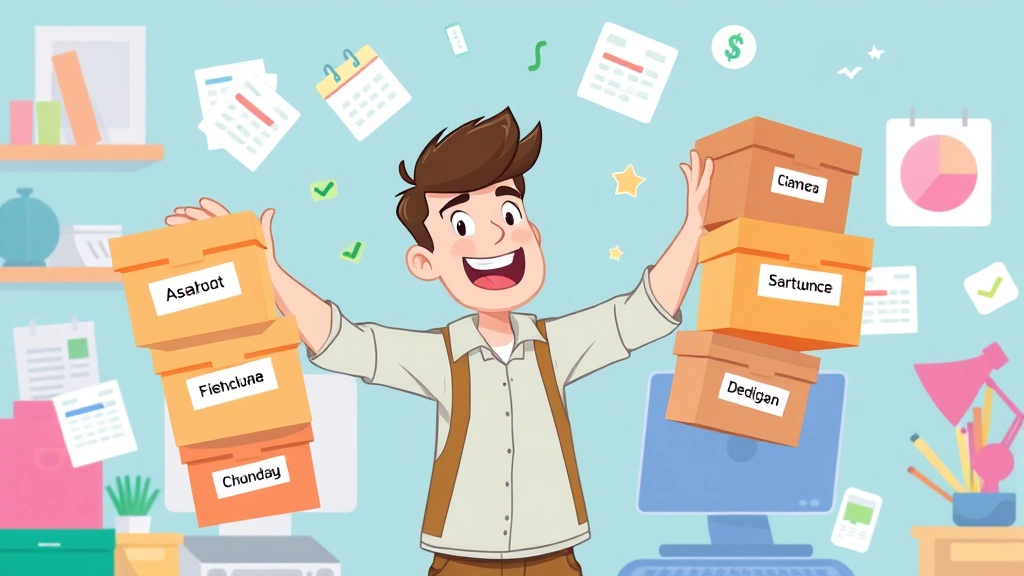 Cartoon freelancer juggling multiple project boxes labeled with different client names, calendar pages floating around, dollar signs, and checkmarks, dynamic energetic pose, colorful workspace background