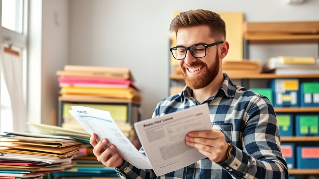 Cheerful self-employed contractor reviewing expense receipts and organizing colorful folders labeled with deduction categories like travel, equipment, and supplies