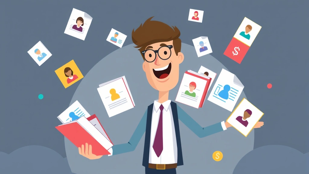 Animated character juggling multiple colorful project files and client icons, representing diverse 1099 workload and income streams, modern professional style