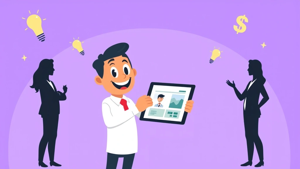 Cartoon character confidently presenting portfolio on tablet to client silhouettes, handshake gesture, lightbulbs and dollar signs in background, modern minimalist style