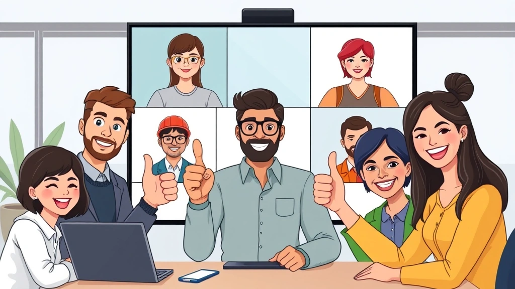 Group of diverse independent contractors collaborating through video conference call, celebrating successful project completion with thumbs up gestures, virtual meeting screen with smiling faces, modern professional aesthetic cartoon