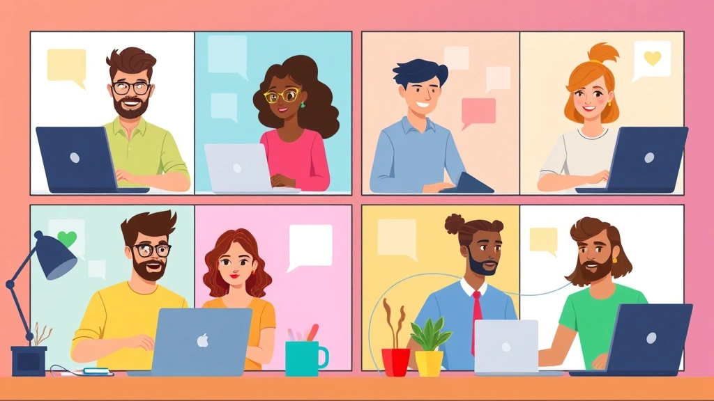 Diverse group of freelancers collaborating virtually on projects via computer screens and video calls, cartoon style, colorful backgrounds, laptops and phones, professional atmosphere