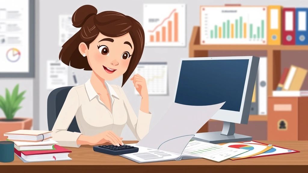 Animated professional woman reviewing financial documents, calculator, and invoice spreadsheet at desk with organized filing system and charts