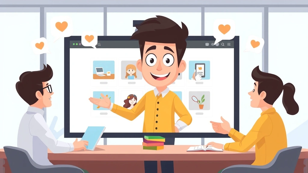 Animated character confidently presenting portfolio on large screen to impressed virtual clients, handshake icons and positive feedback bubbles floating around, modern digital meeting setup