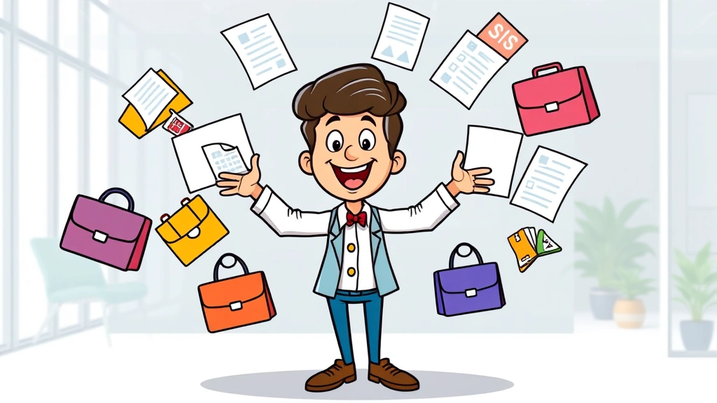 Cheerful cartoon character juggling multiple client projects represented by colorful briefcases and documents, showing the flexibility and variety of 1099 contract work with a modern office background