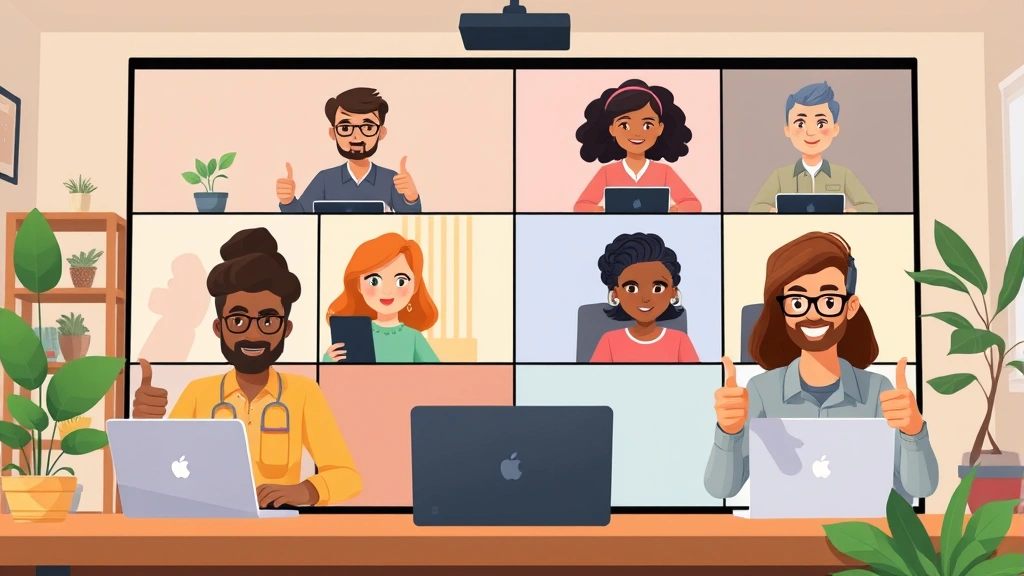 Animated diverse contractors collaborating virtually on video call, showing different ethnicities working from home offices, laptops and digital tools visible, warm professional atmosphere with thumbs up gestures