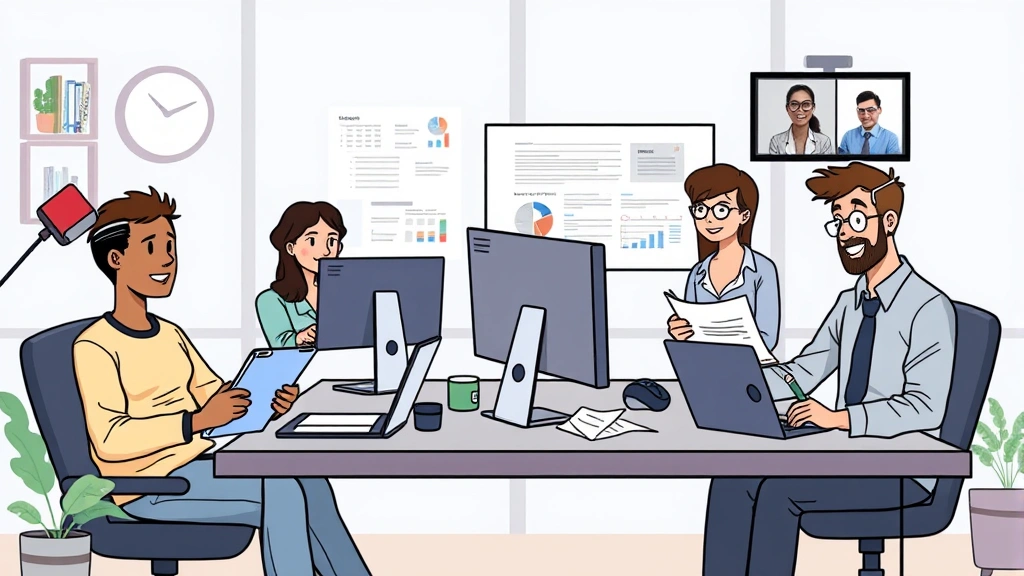 Diverse group of independent contractors working remotely - designer with tablet, writer at desk, accountant with spreadsheet, consultant on video call, collaborative professional atmosphere, cartoon style