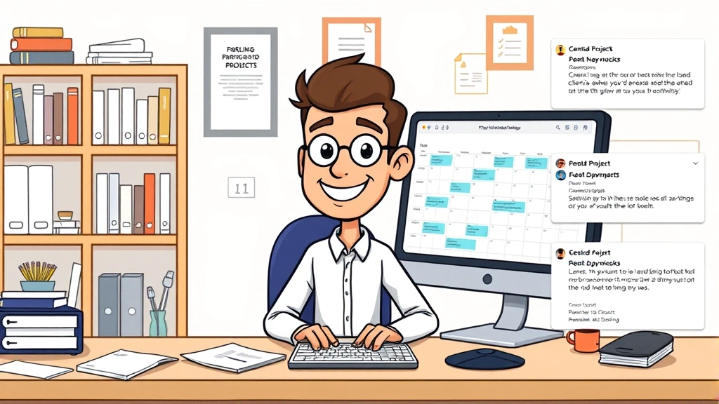 Cartoon character freelancer at organized desk with portfolio displayed on computer screen, calendar with booked projects, and satisfied client testimonials visible